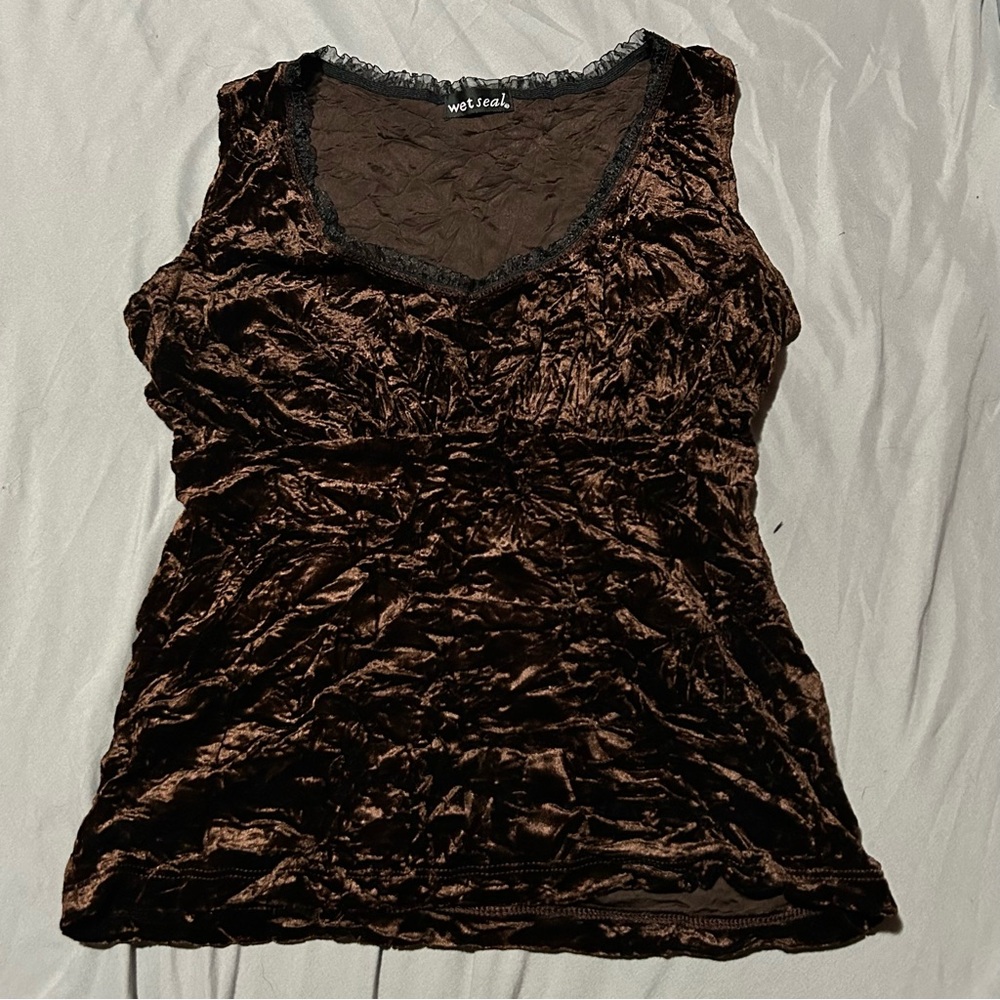 Wet Seal Brown Velvet lace trim bows Women's Top Grunge Y2K Gothic croquette